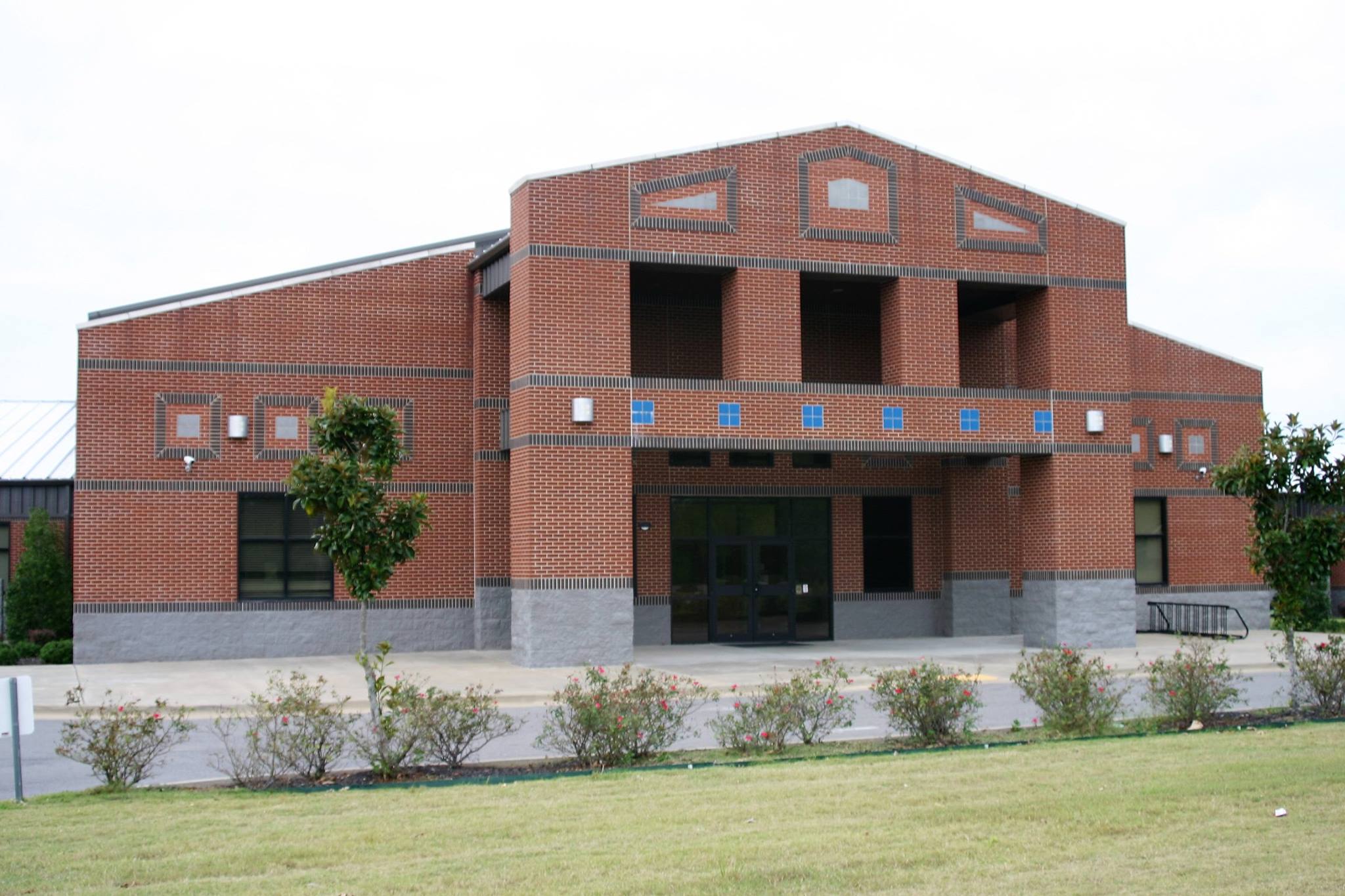 large brick awning outside high school